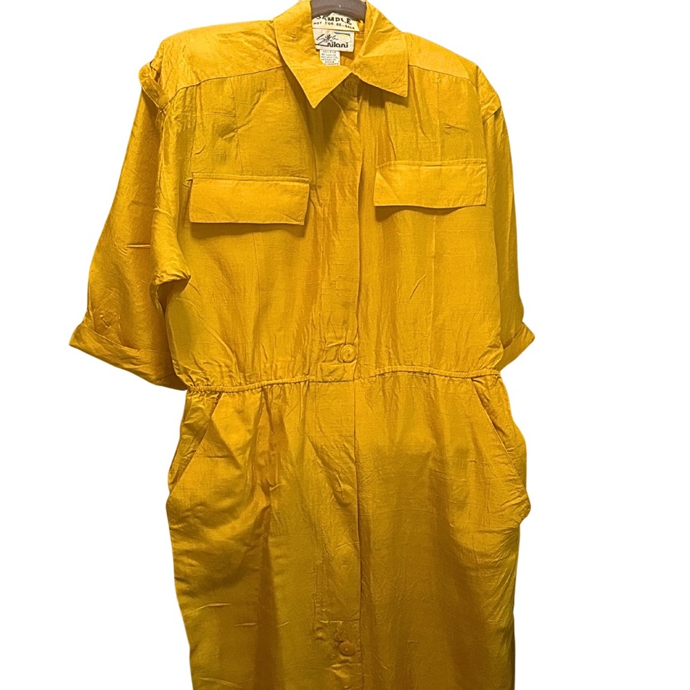 100% Silk Vintage Golden Yellow Button-Up Midi Dress